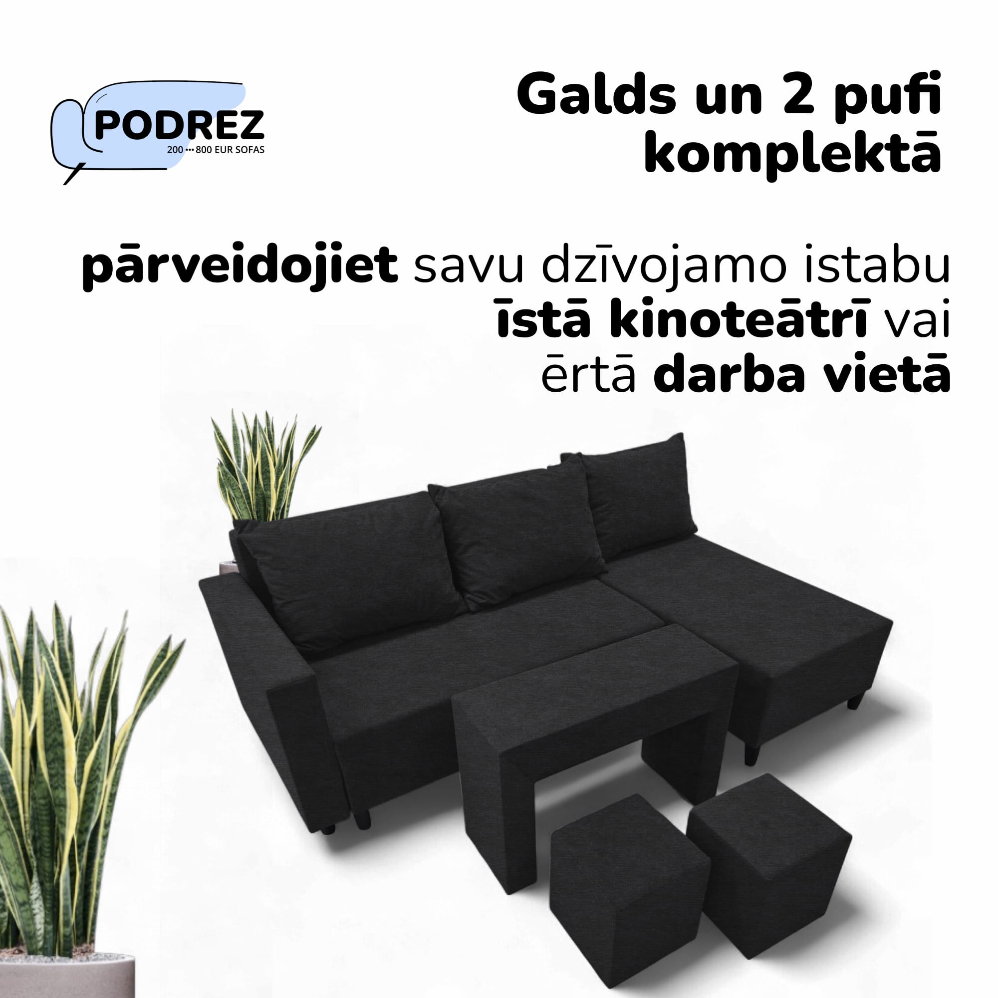 Stūra izvelkamais dīvāns ar galdiņu un pufiem Simple X St Combo Grafīta - 2
