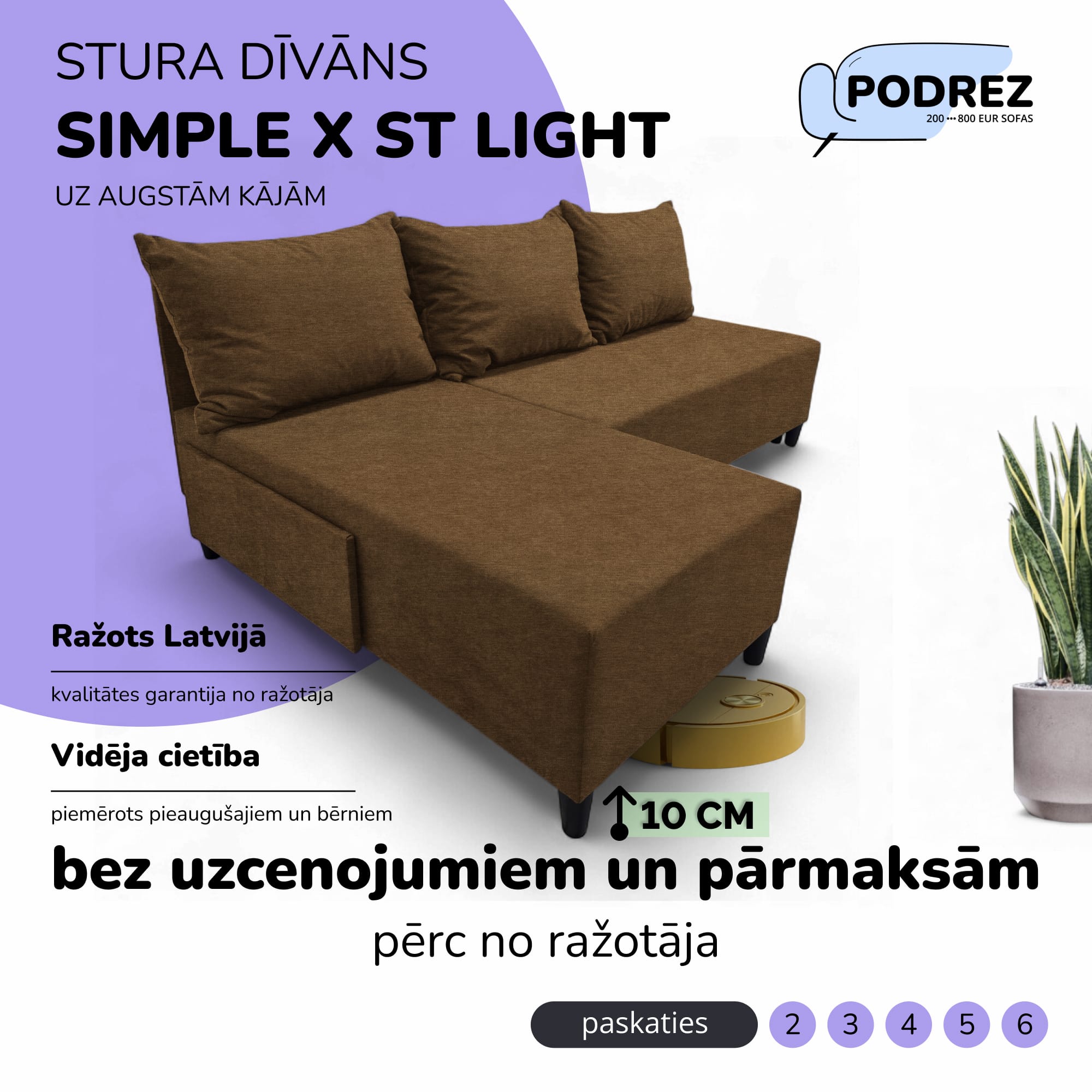 Stūra izvelkamais dīvāns Simple X St Light Brūna - 1