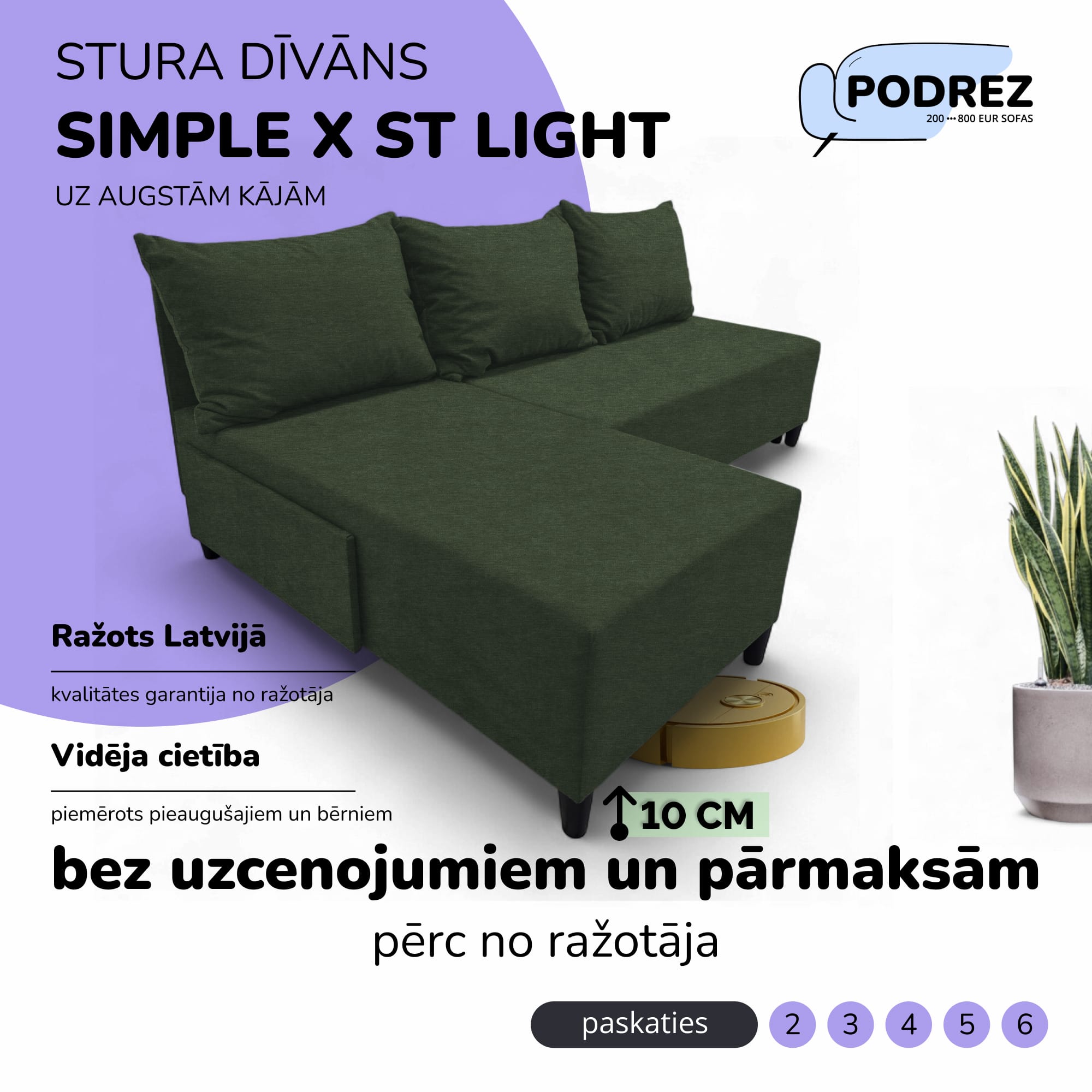 Stūra izvelkamais dīvāns Simple X St Light Tirkīza zaļa - 1