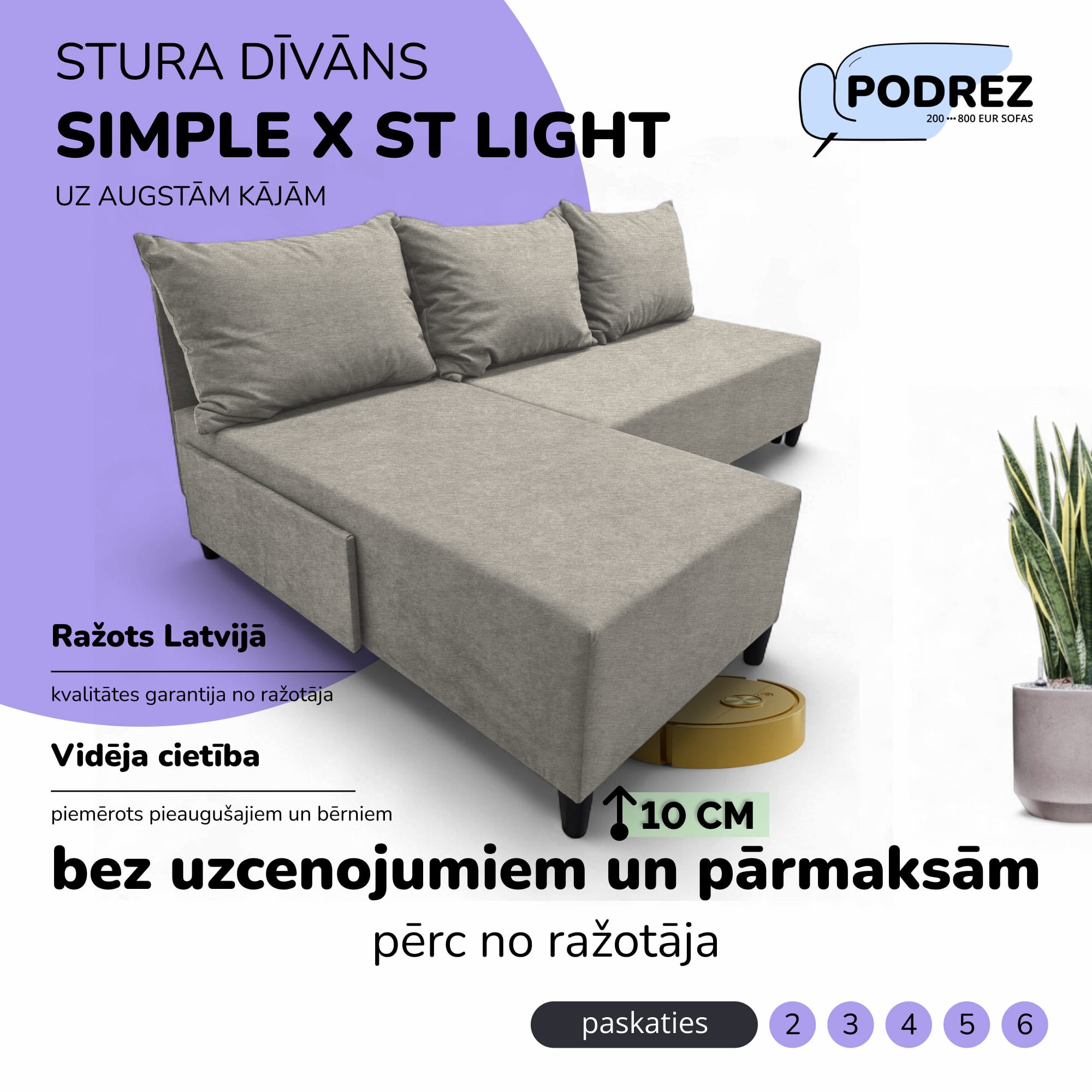 Stūra izvelkamais dīvāns Simple X St Light Gaiši pelēka - 1