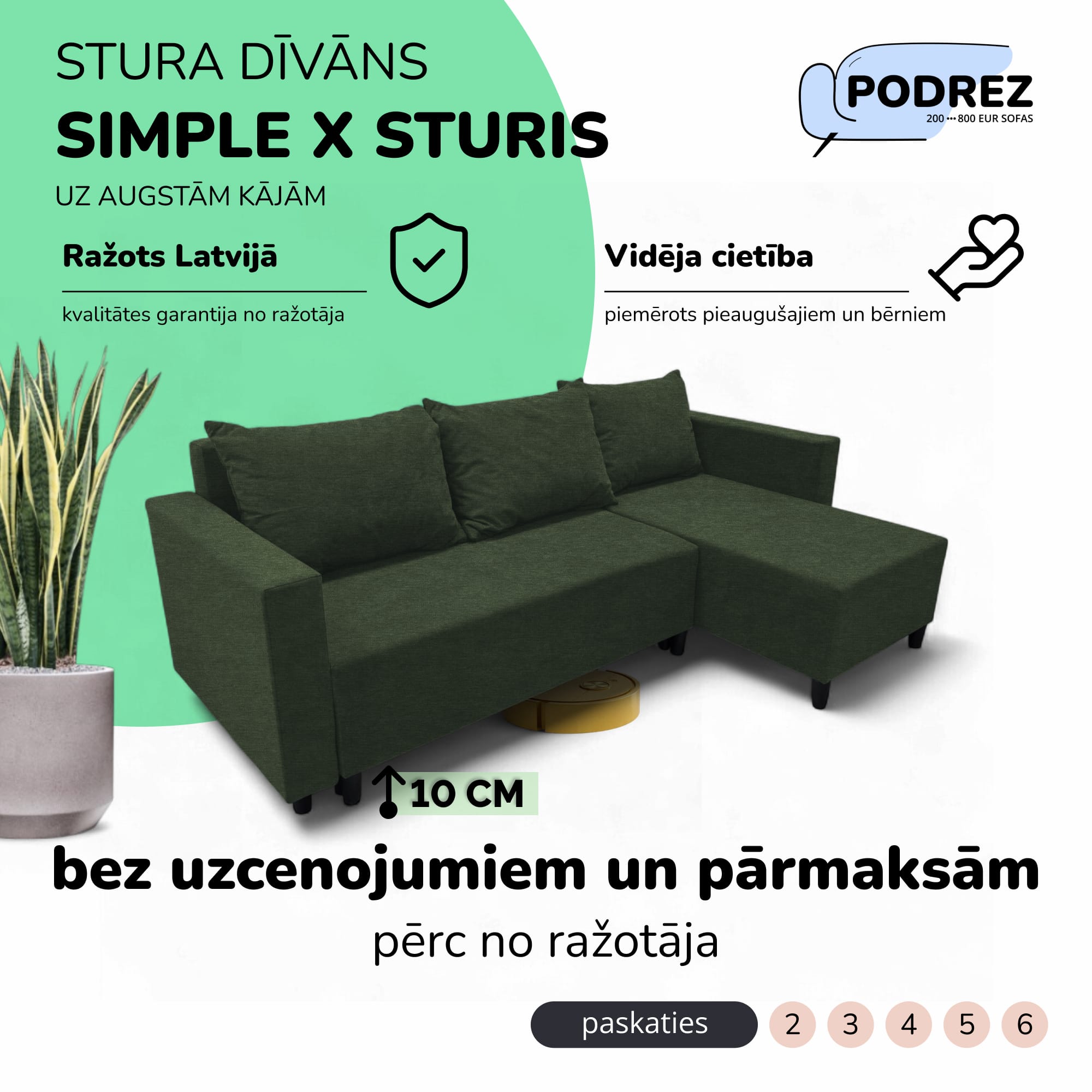 Stūra izvelkamais dīvāns ar kasti Simple X Sturis Tirkīza zaļa - 1