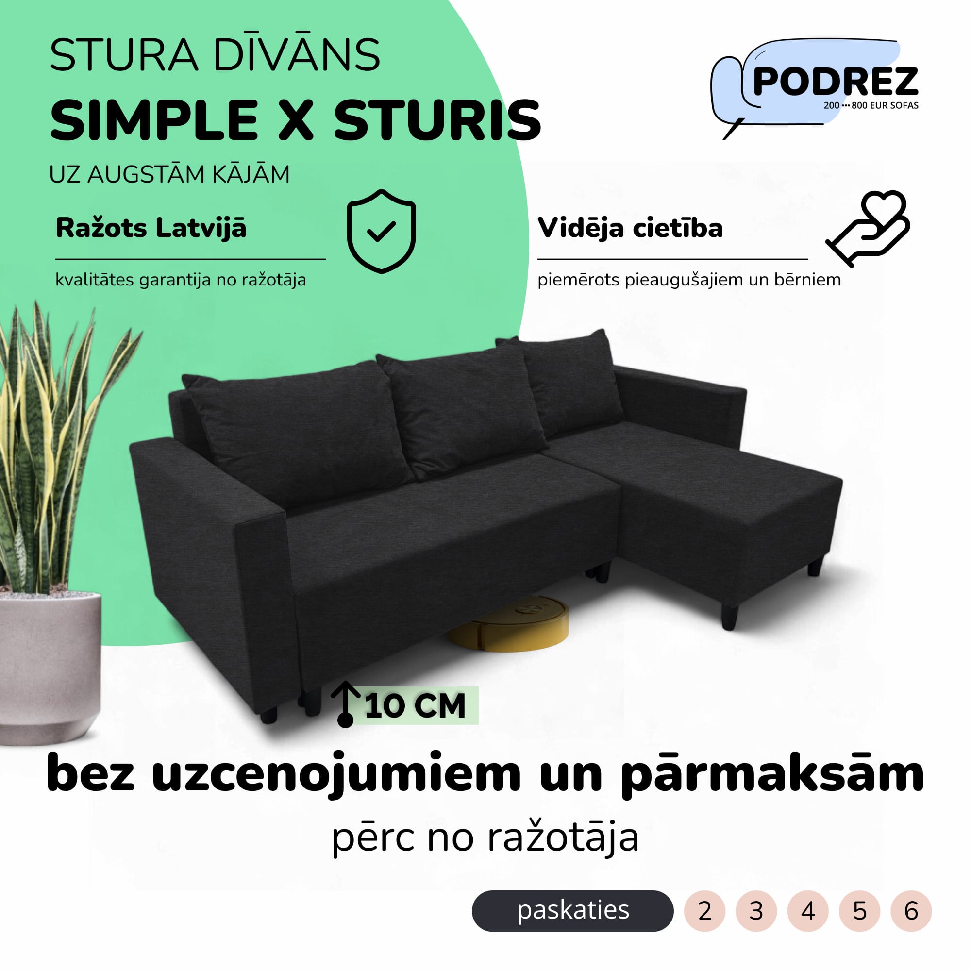 Stūra izvelkamais dīvāns ar kasti Simple X Sturis Grafīta - 1