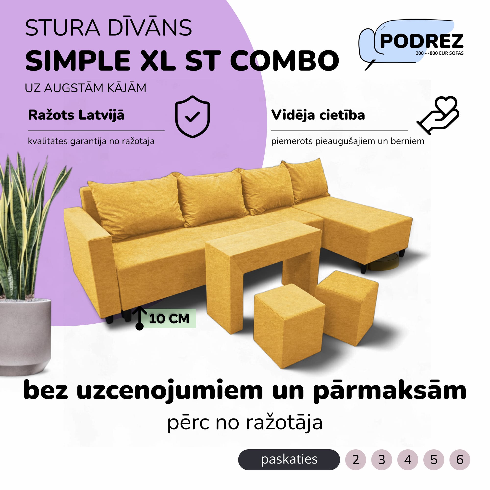Liels stūra dīvāns ar galdiņu un pufiem Simple XL St Combo Dzeltena - 1