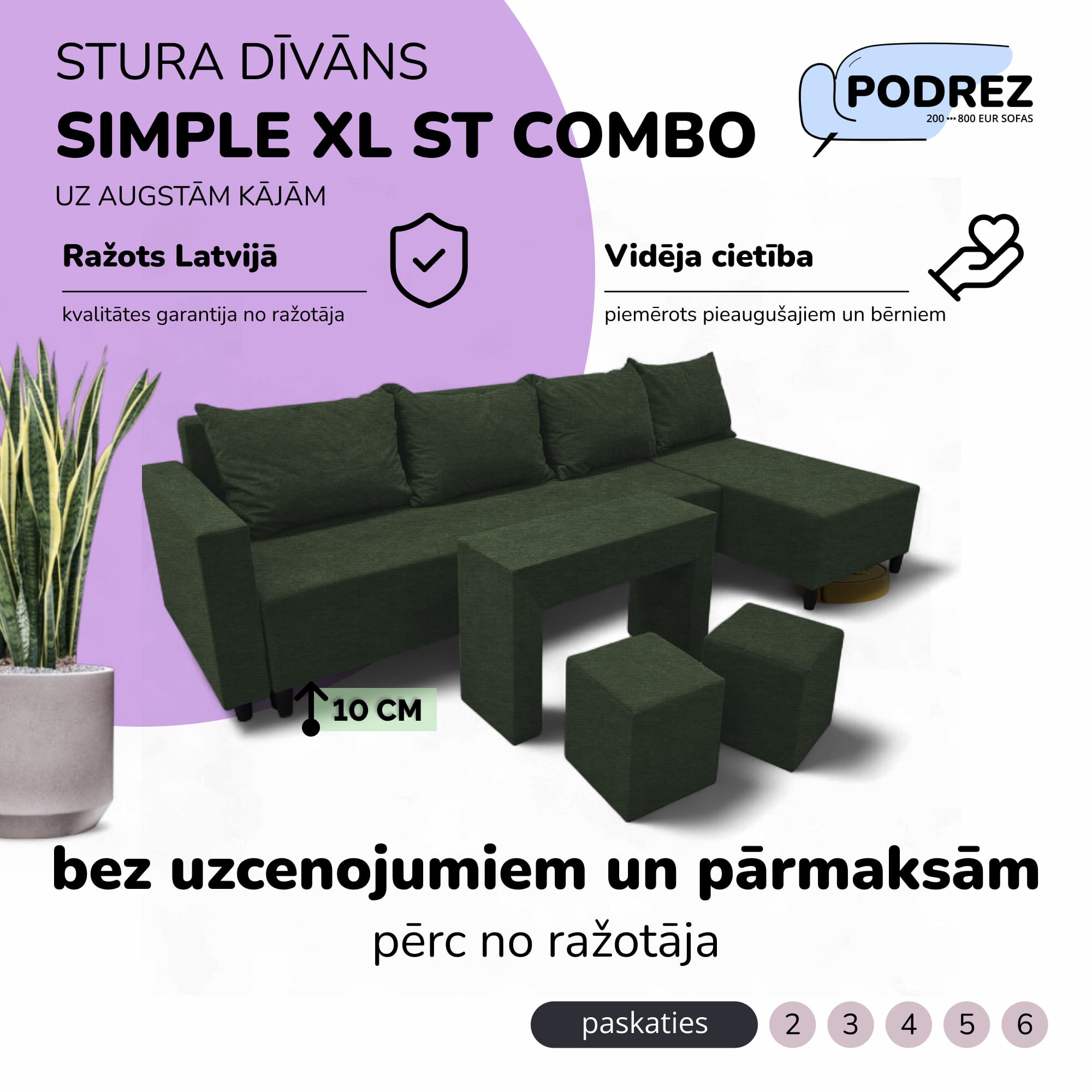 Liels stūra dīvāns ar galdiņu un pufiem Simple XL St Combo Tirkīza zaļa - 1