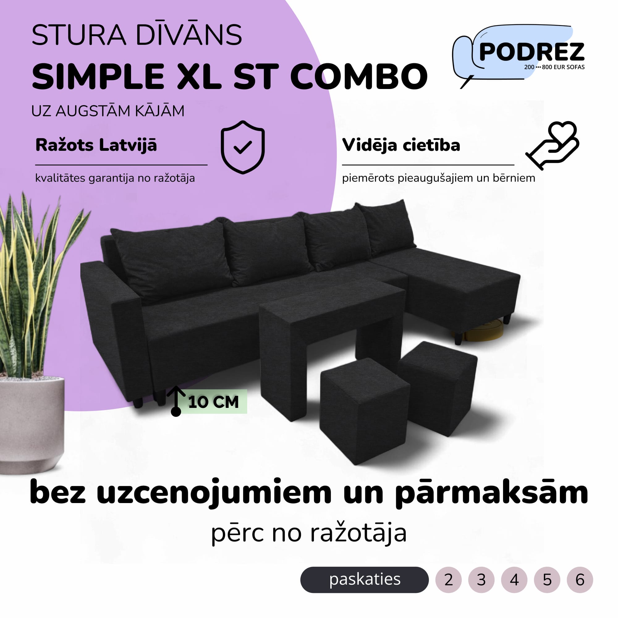 Liels stūra dīvāns ar galdiņu un pufiem Simple XL St Combo Grafīta - 1