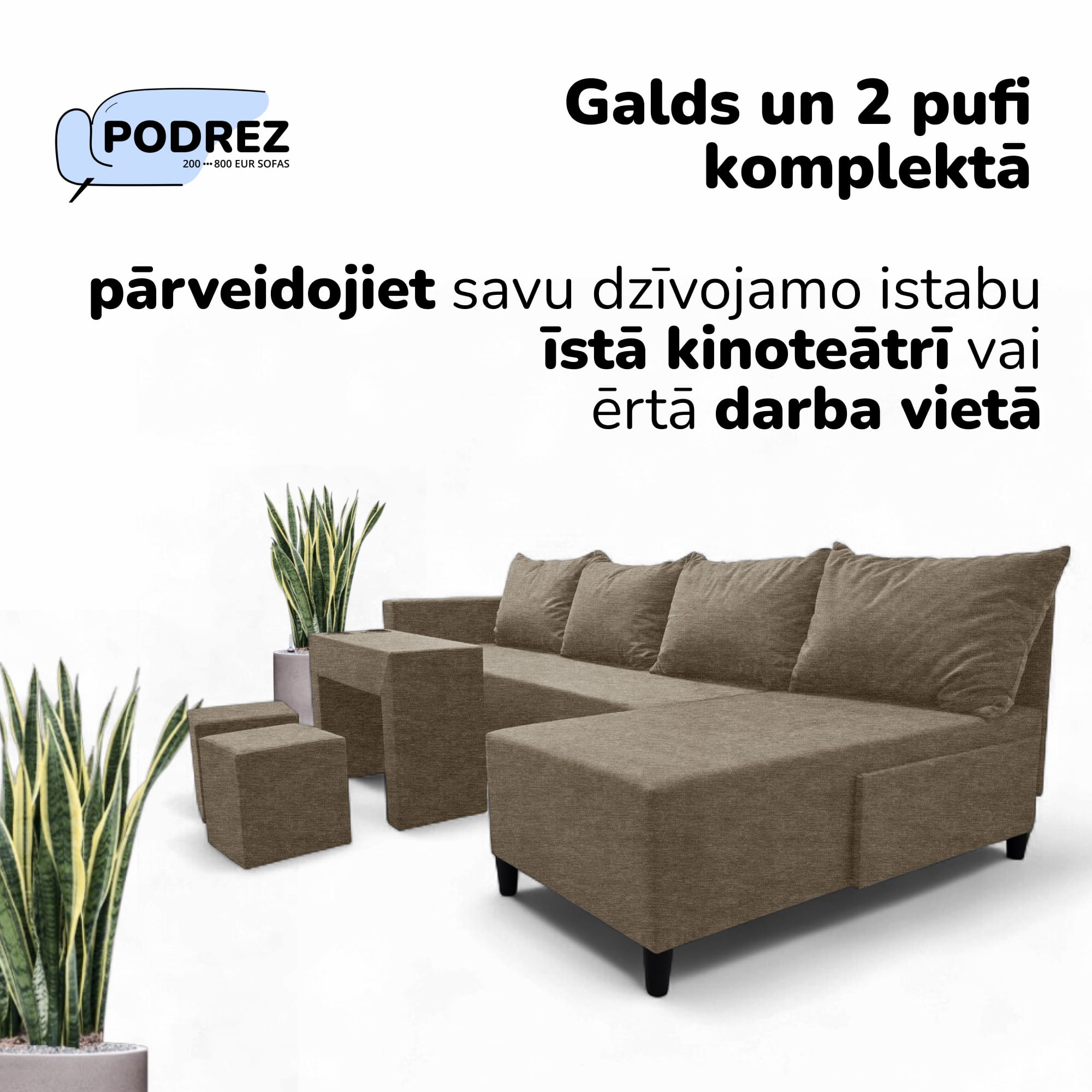 Liels stūra dīvāns ar galdiņu un pufiem Simple XL St Combo Bēša - 2