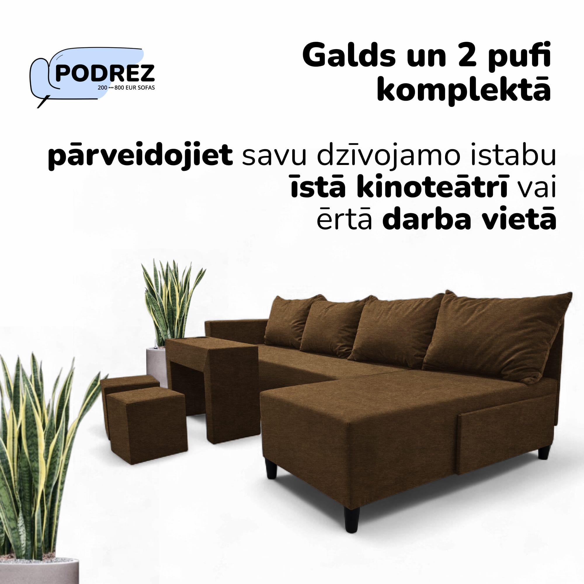 Liels stūra dīvāns ar galdiņu un pufiem Simple XL St Combo Brūna - 2