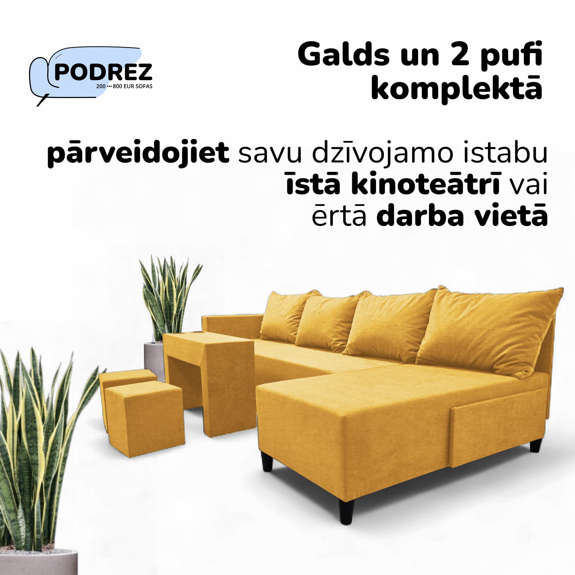 Liels stūra dīvāns ar galdiņu un pufiem Simple XL St Combo Dzeltena - 2