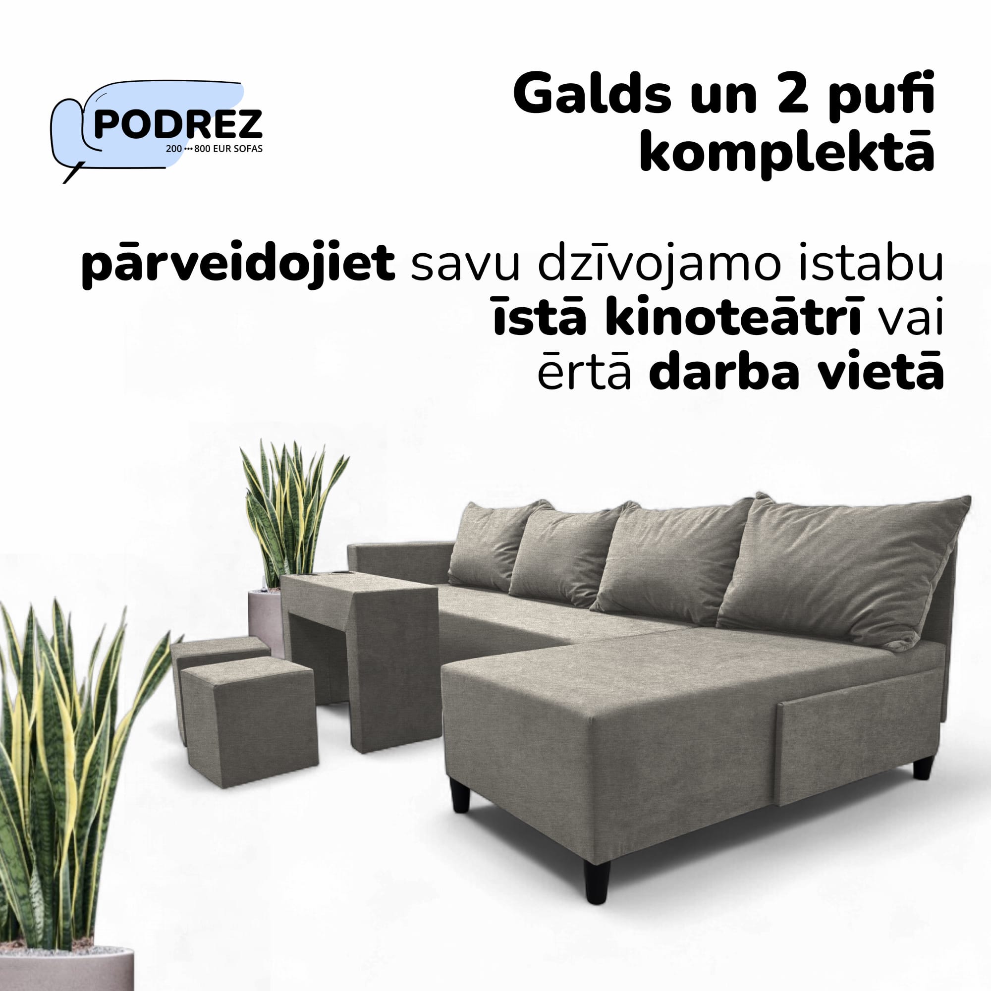 Liels stūra dīvāns ar galdiņu un pufiem Simple XL St Combo Gaiši pelēka - 2