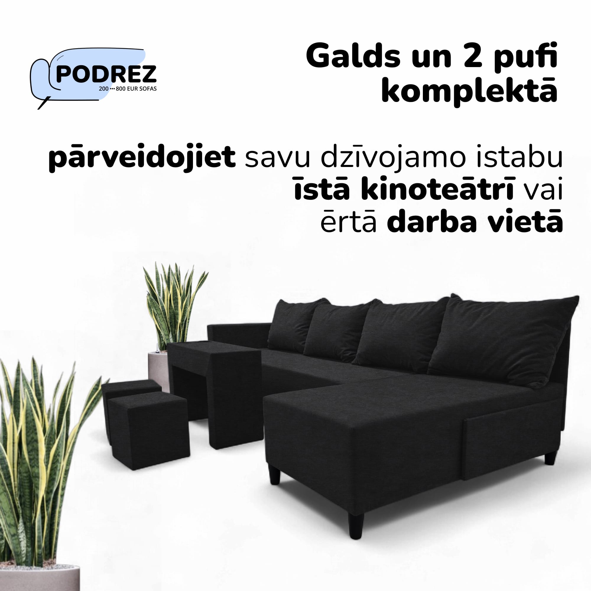 Liels stūra dīvāns ar galdiņu un pufiem Simple XL St Combo Grafīta - 2