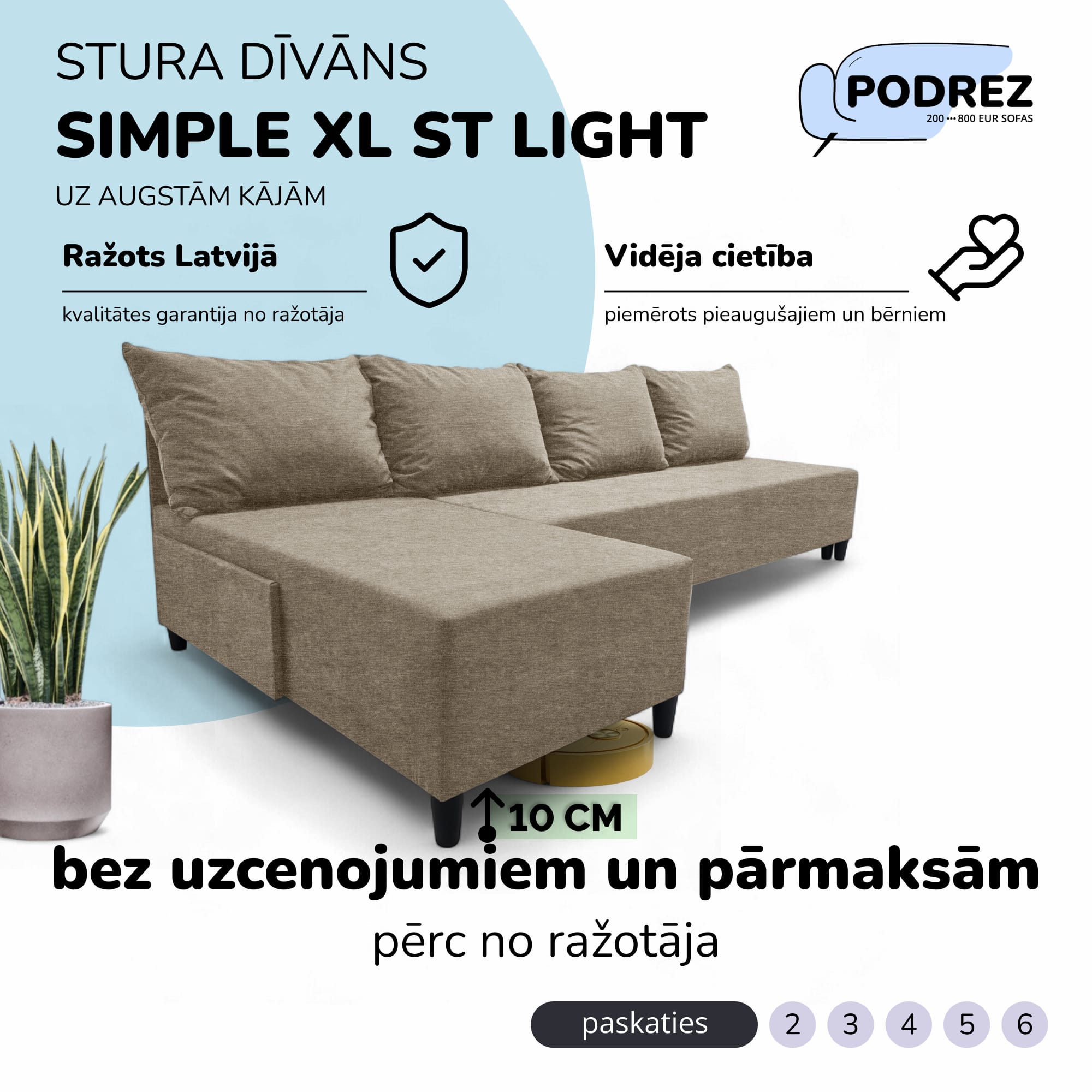 Liels stūra dīvāns bez roku balstiem Simple XL St Light Bēša - 1