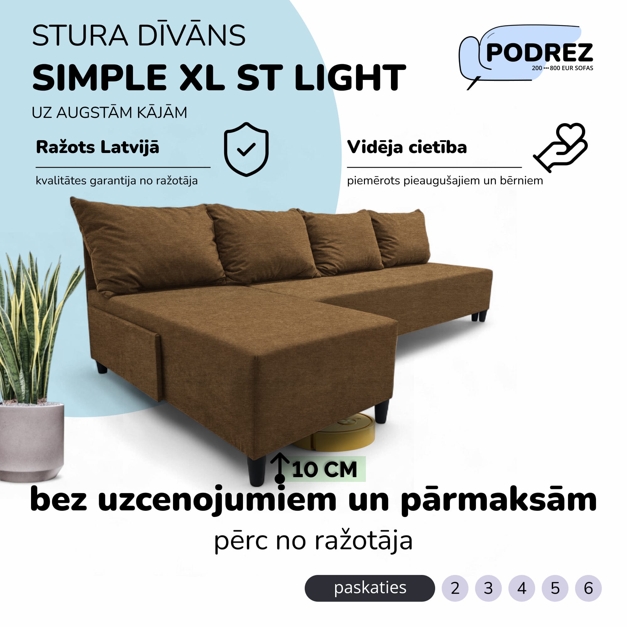 Liels stūra dīvāns bez roku balstiem Simple XL St Light Brūna - 1