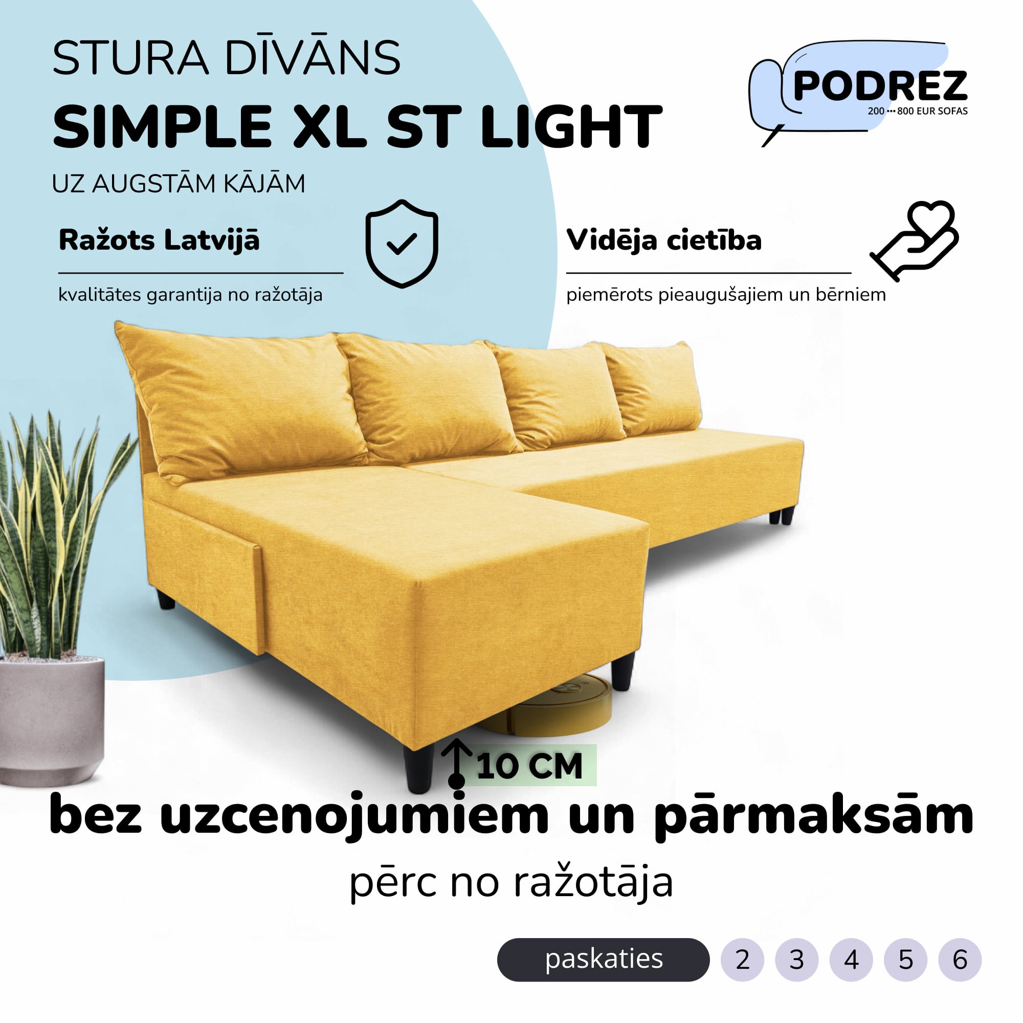 Liels stūra dīvāns bez roku balstiem Simple XL St Light Dzeltena - 1