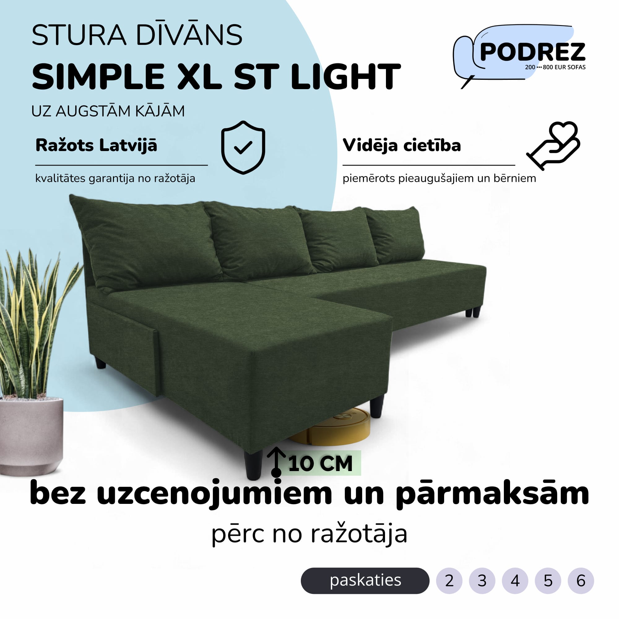 Liels stūra dīvāns bez roku balstiem Simple XL St Light Tirkīza zaļa - 1