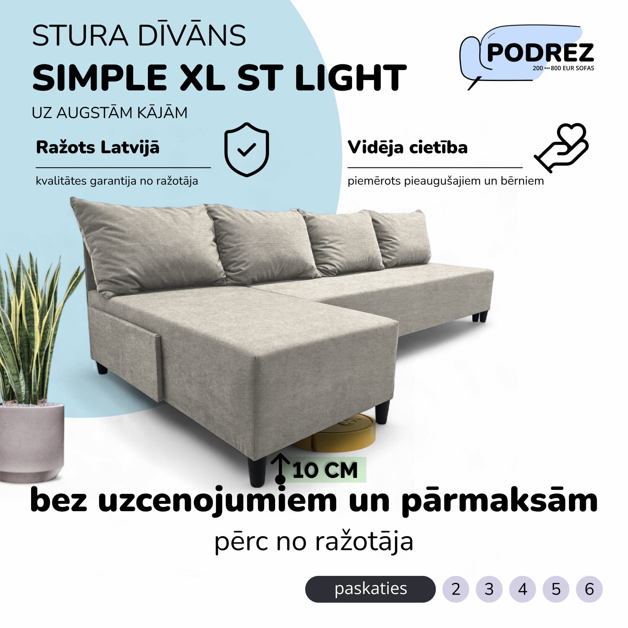 Liels stūra dīvāns bez roku balstiem Simple XL St Light Gaiši pelēka - 1