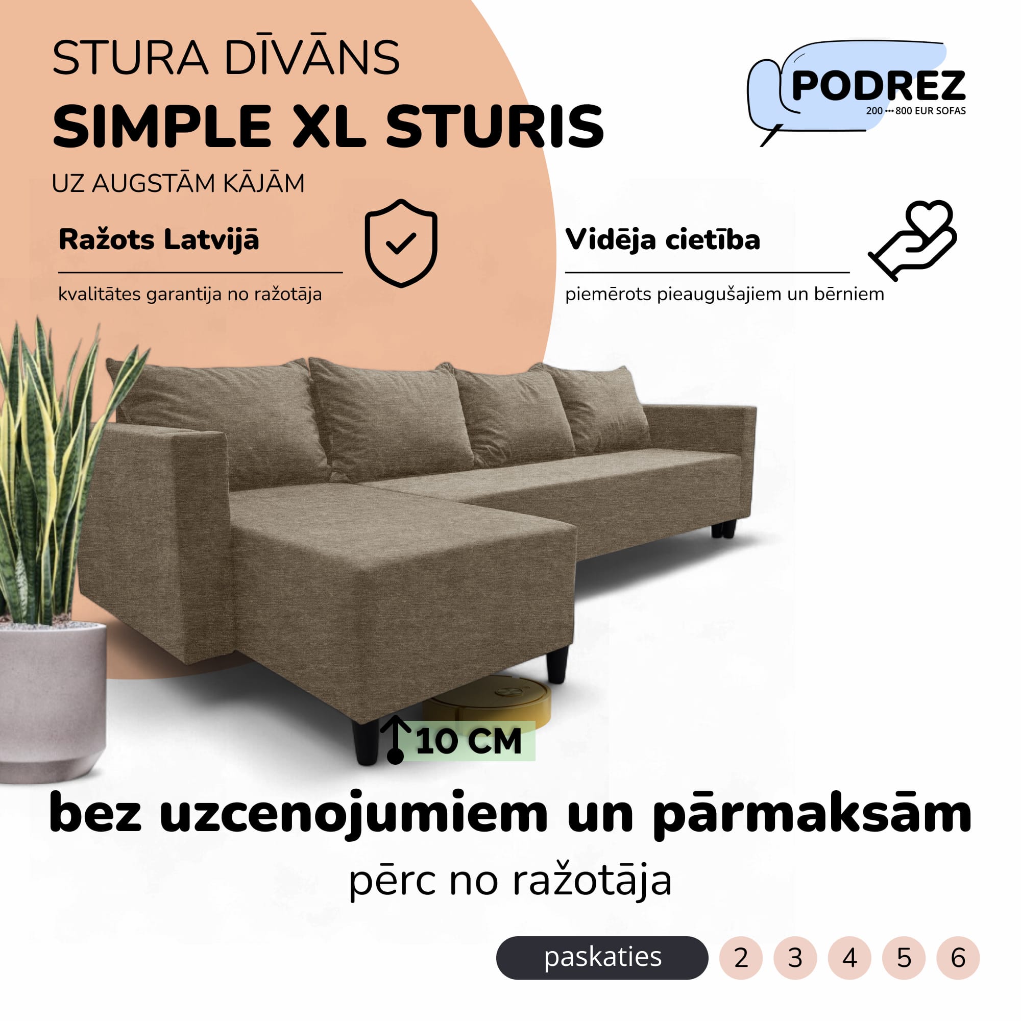 Klasisks liels stūra dīvāns Simple XL Sturis Bēša - 1
