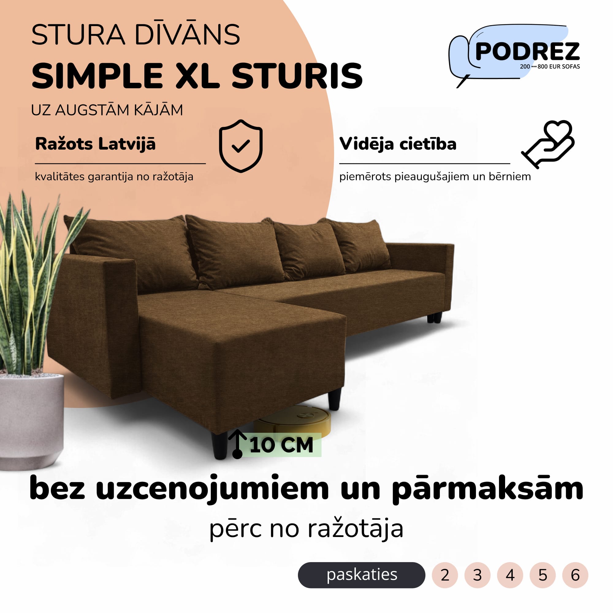 Klasisks liels stūra dīvāns Simple XL Sturis Brūna - 1