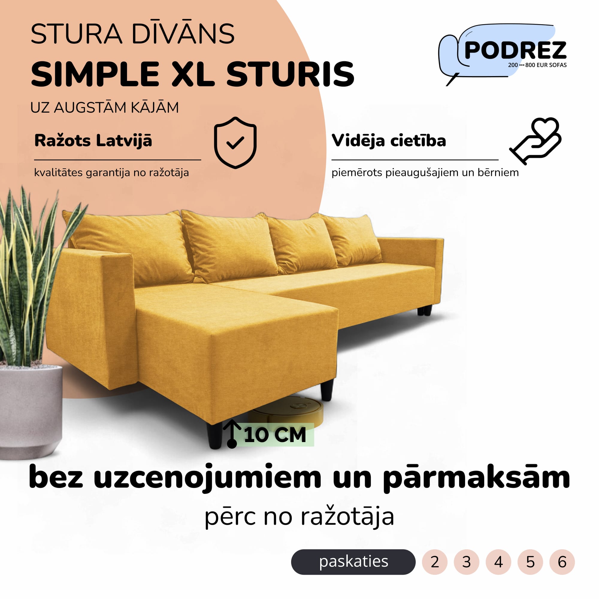 Klasisks liels stūra dīvāns Simple XL Sturis Dzeltena - 1