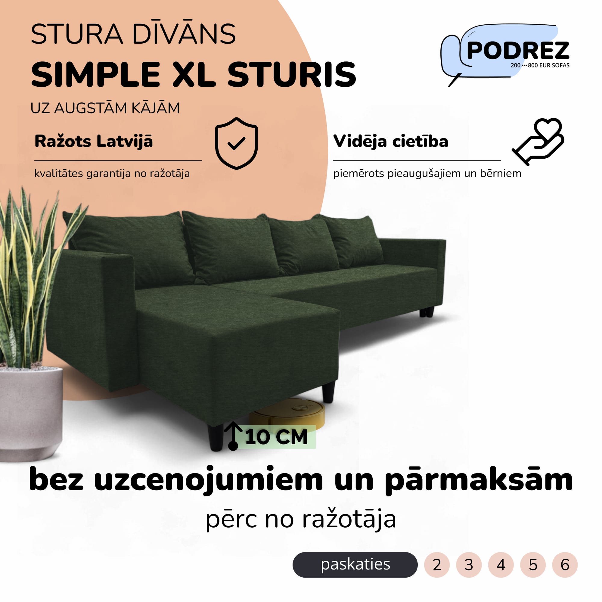 Klasisks liels stūra dīvāns Simple XL Sturis Tirkīza zaļa - 1
