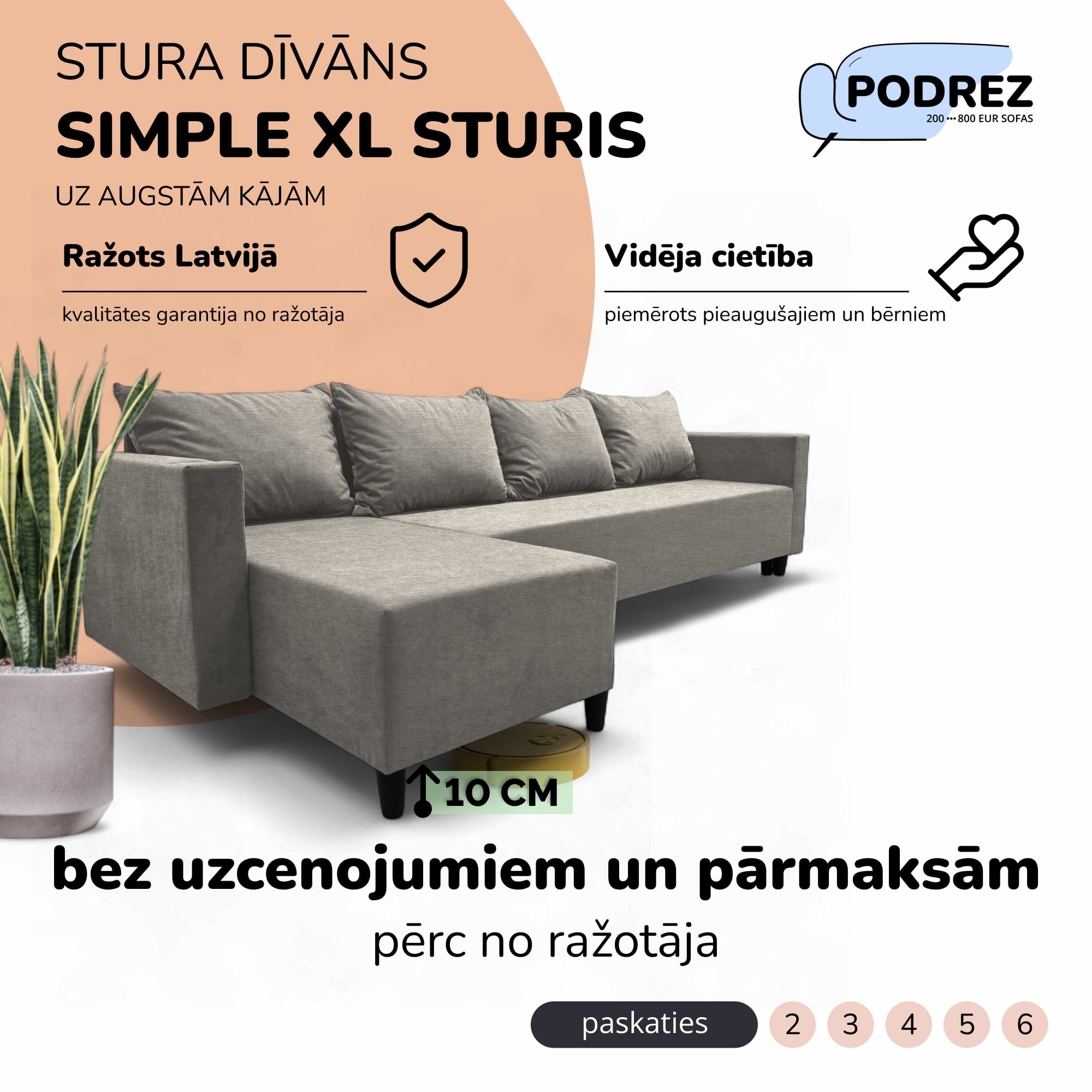 Klasisks liels stūra dīvāns Simple XL Sturis Gaiši pelēka - 1
