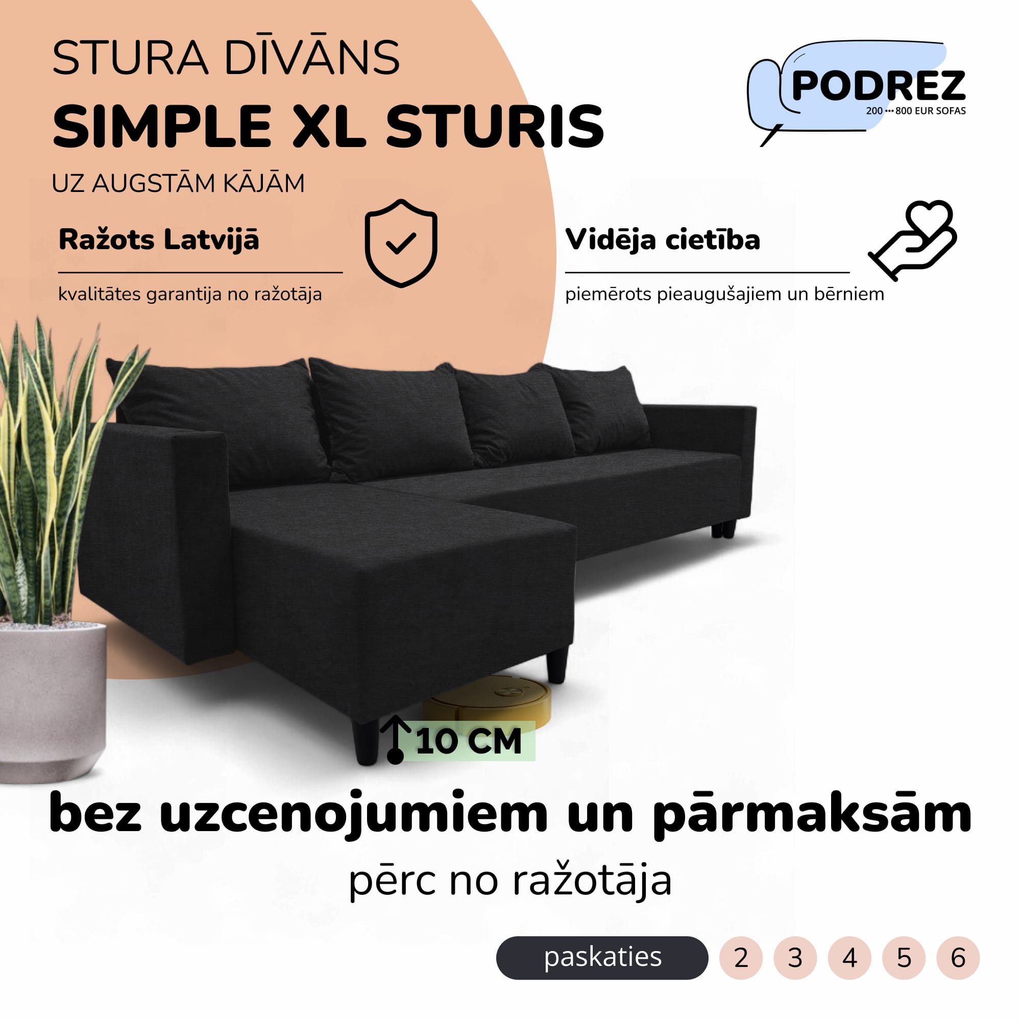 Klasisks liels stūra dīvāns Simple XL Sturis Grafīta - 1